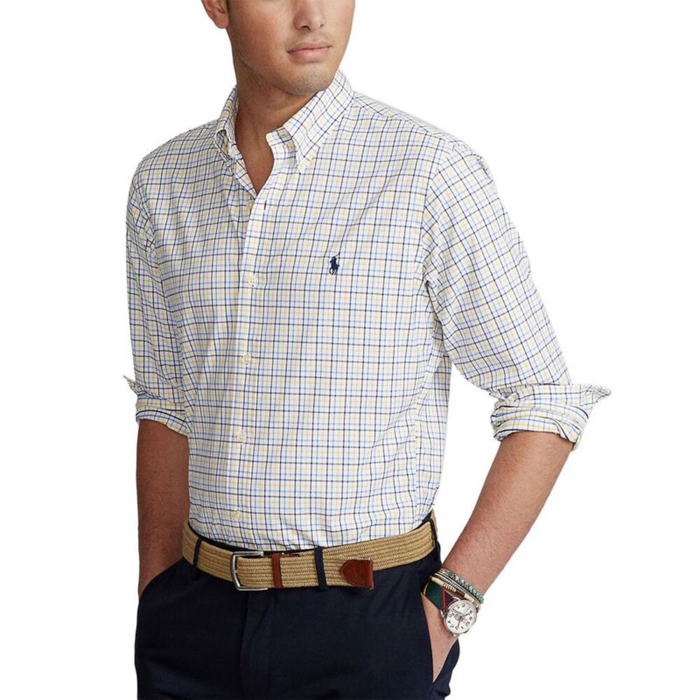 Polo Ralph Lauren Mens Classic Fit Plaid Performance Shirt L Yellow/Navy Multi